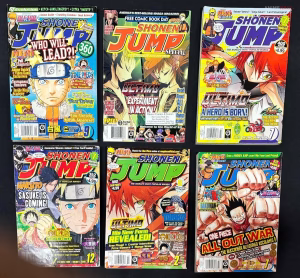A compilation of Weekly Shonen Jump covers featuring iconic series like Naruto, One Piece, and Dragon Ball that defined global manga culture
